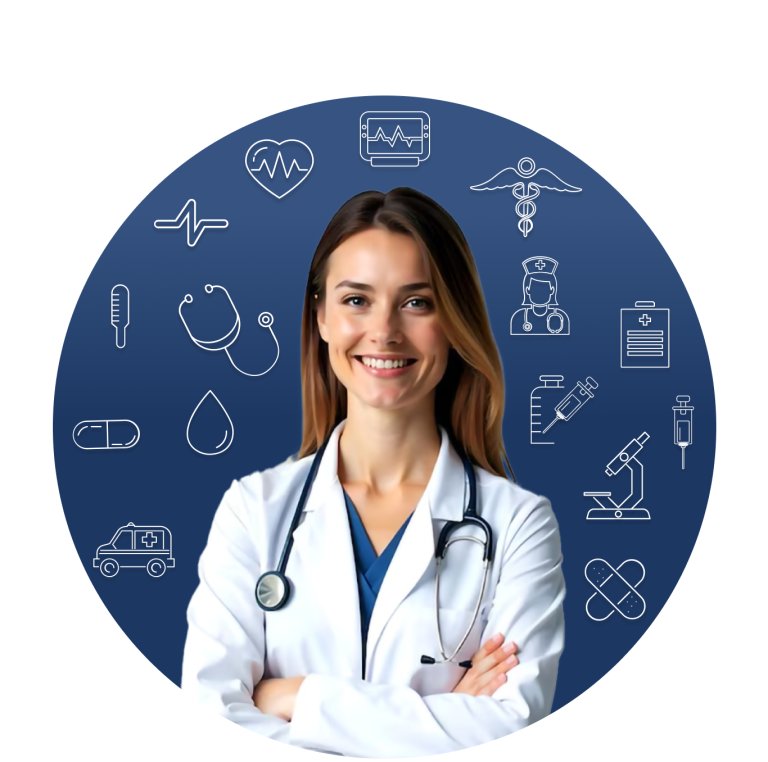 A smiling female doctor in a white coat stands confidently with arms crossed. Background shows medical icons, including stethoscope and syringe, on a blue circle.