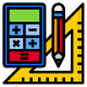 Illustration of a colorful calculator, pencil, and triangular ruler against a black background. Symbolizes mathematics, precision, and learning.