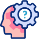 Illustration of a head with a gear overlay. The gear contains a question mark, symbolizing thought or problem-solving. The tone is curious and reflective.