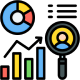 Icon showing a pie chart, bar graph, and magnifying glass with a person inside, symbolizing data analysis and research, on a black background.