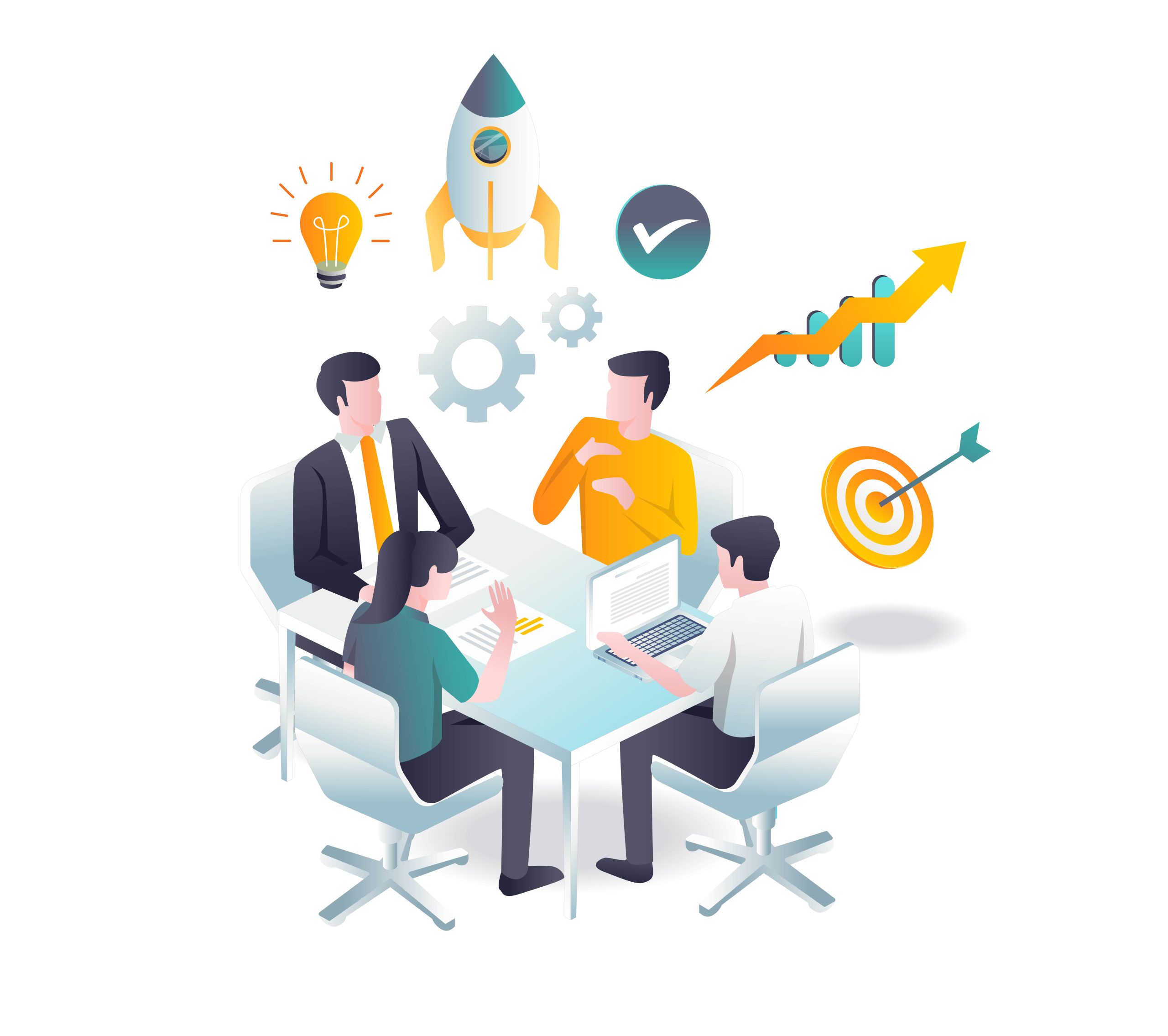 Four illustrated people sit around a table discussing business ideas. Above them are icons of a rocket, graph, target, gears, lightbulb, and a checkmark, conveying innovation and teamwork.